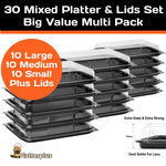 Set of 30 Platterplus Combi Sandwich Platters with lids, including 10 large, 10 medium, and 10 small party platter sets.