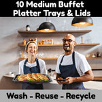 Set of 10 medium food platter trays with clear lids by Platterplus, ideal for serving and storing appetizers and snacks.