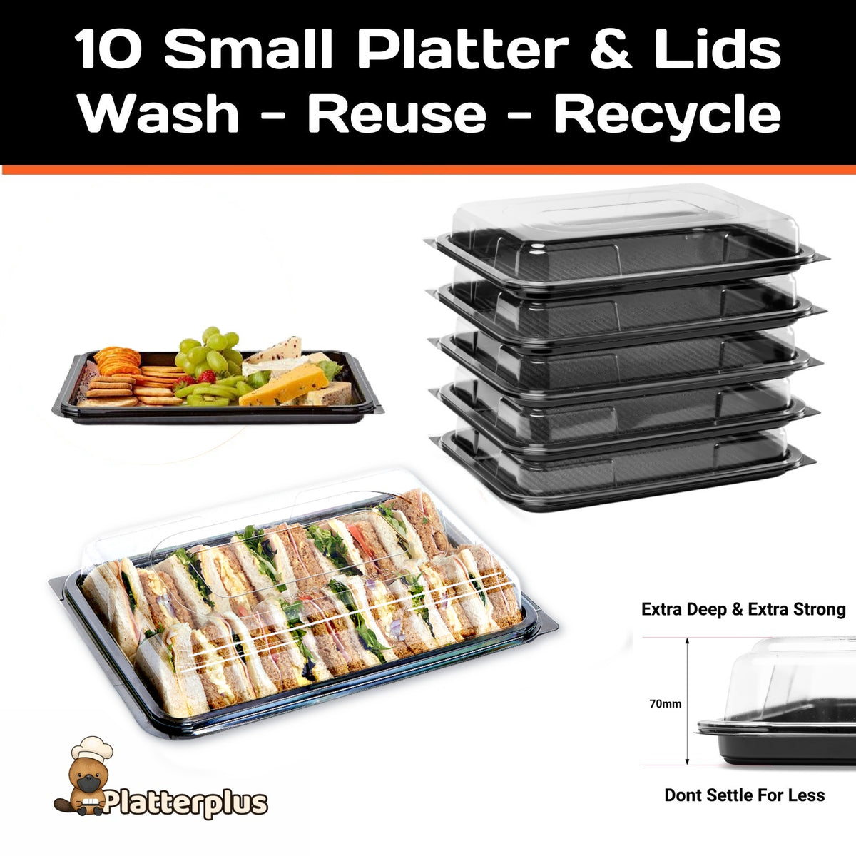 10 Small Party Platter Trays + 10 Clear Lids