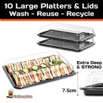 Set of 10 large Platterplus sandwich platters with deep lids, ideal for serving and storing sandwiches at events or gatherings.