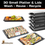 30 Small Black Buffet Platters + 30 Clear Lids Reusable & Recyclable
