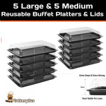 Set of five large and five medium buffet platter trays with lids by Platterplus, ideal for serving and presentation.
