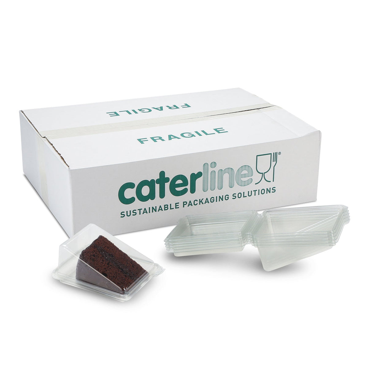 Set of 100 Platterplus cake wedge packs with hinged lids, 110mm long, 85mm wide, and 60mm deep for cake storage.
