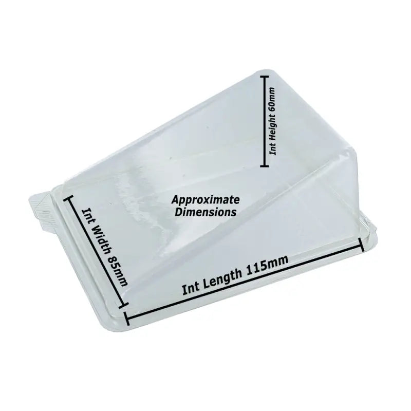 Set of 100 Platterplus cake wedge packs with hinged lids, 110mm long, 85mm wide, and 60mm deep, suitable for cake slices.