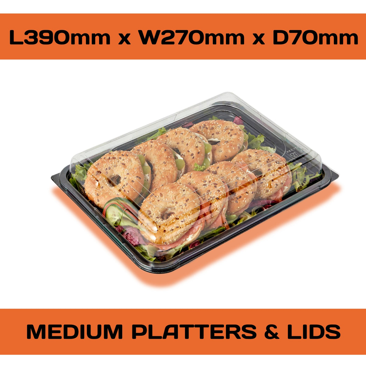 Set of 50 clear medium platter lids for Platterplus catering platters, fits 390mm x 270mm bases, perfect for food presentation.
