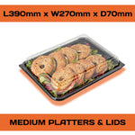 Set of 50 clear medium platter lids for Platterplus catering platters, fits 390mm x 270mm bases, perfect for food presentation.