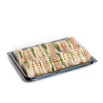 Set of 50 medium catering platter trays with clear lids in a bumper box, by Platterplus, ideal for food presentation and transport.