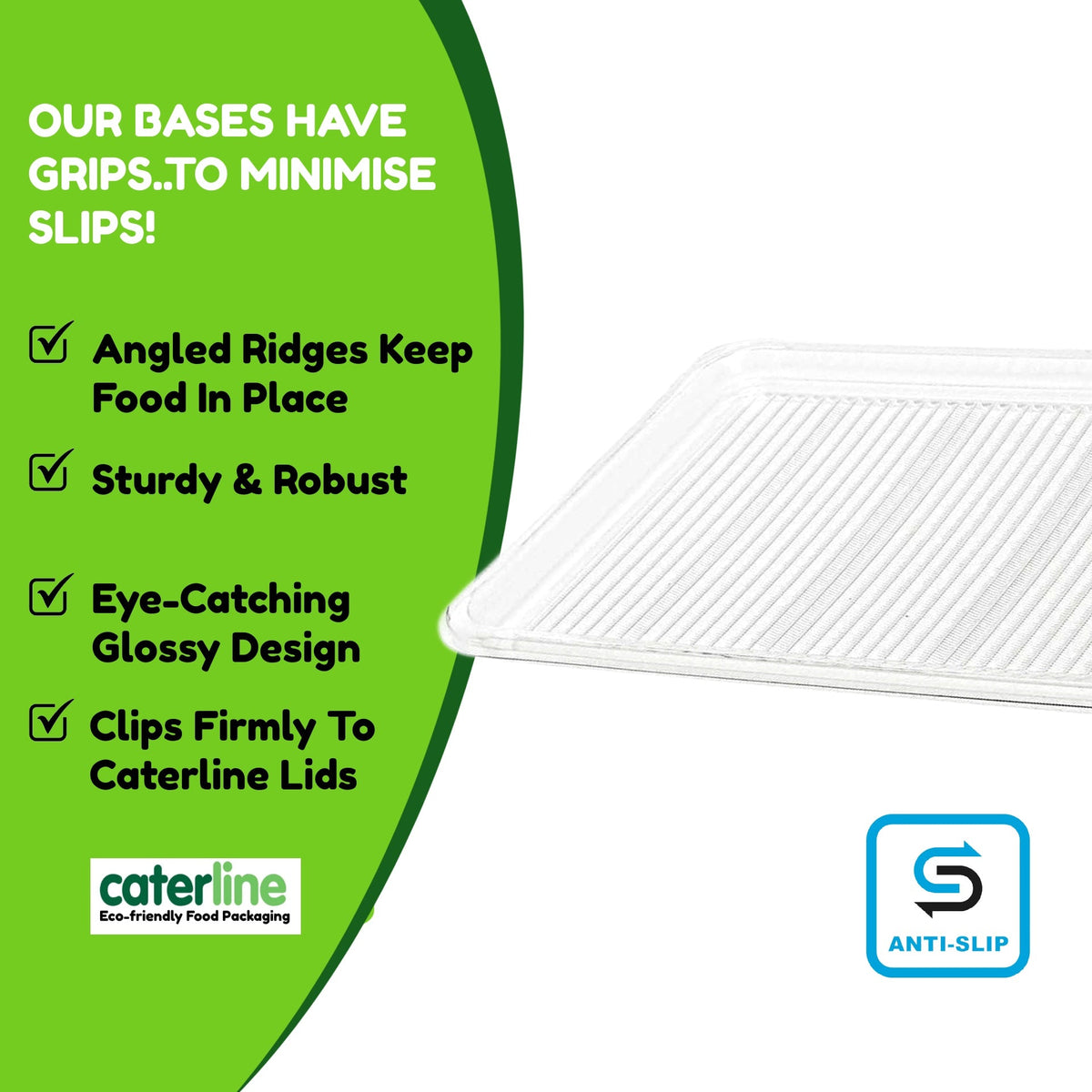 Set of 10 clear large base platters with matching lids, plus 10 peelable allergy labels, by Platterplus for food presentation.