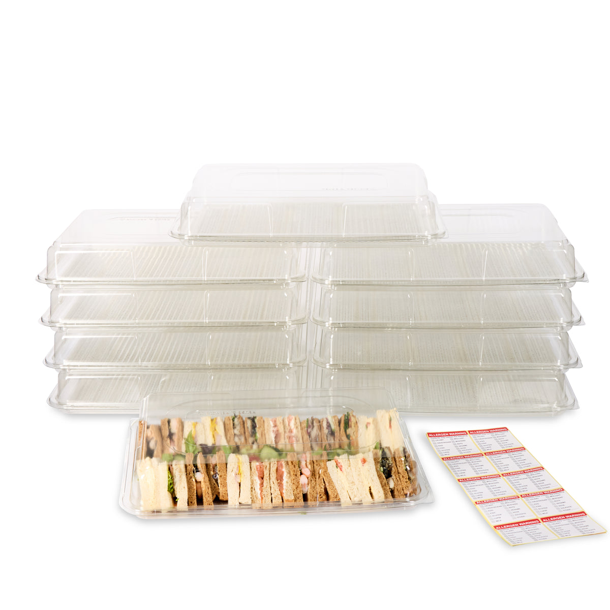 Set of 10 clear large base platters with matching lids and peelable allergy labels from Platterplus, ideal for food presentation.