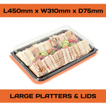 Set of five Platterplus party platter trays with clear lids, ideal for serving appetizers and snacks at gatherings.