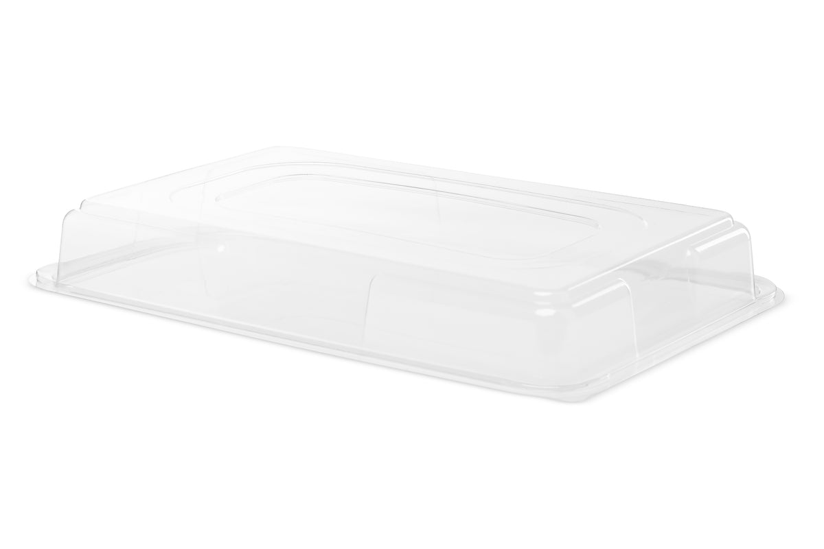 Set of 50 large clear sandwich platter lids from Platterplus, designed to fit large platter bases for food presentation.