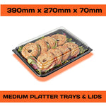 Set of 50 medium Platterplus trays for serving or pairing with medium platter lids, ideal for bulk food presentation.