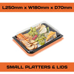 Set of 15 mixed buffet platter trays with clear lids from Platterplus, including large, medium, and small eco-friendly catering bases