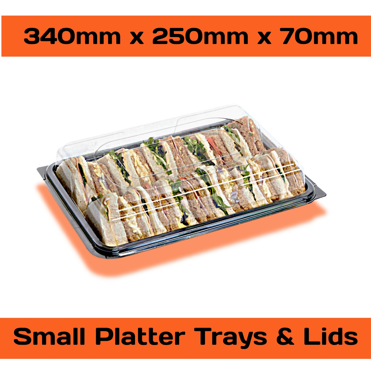 Set of 30 small black buffet platters with clear reusable, recyclable lids by Platterplus, perfect for serving and food storage.