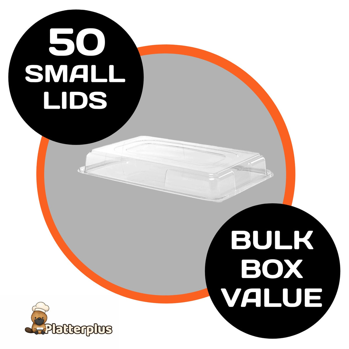 Set of 50 small plastic lids for Plattersplus small platter bases, ideal for food presentation and storage.