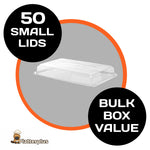 Set of 50 small plastic lids for Plattersplus small platter bases, ideal for food presentation and storage.