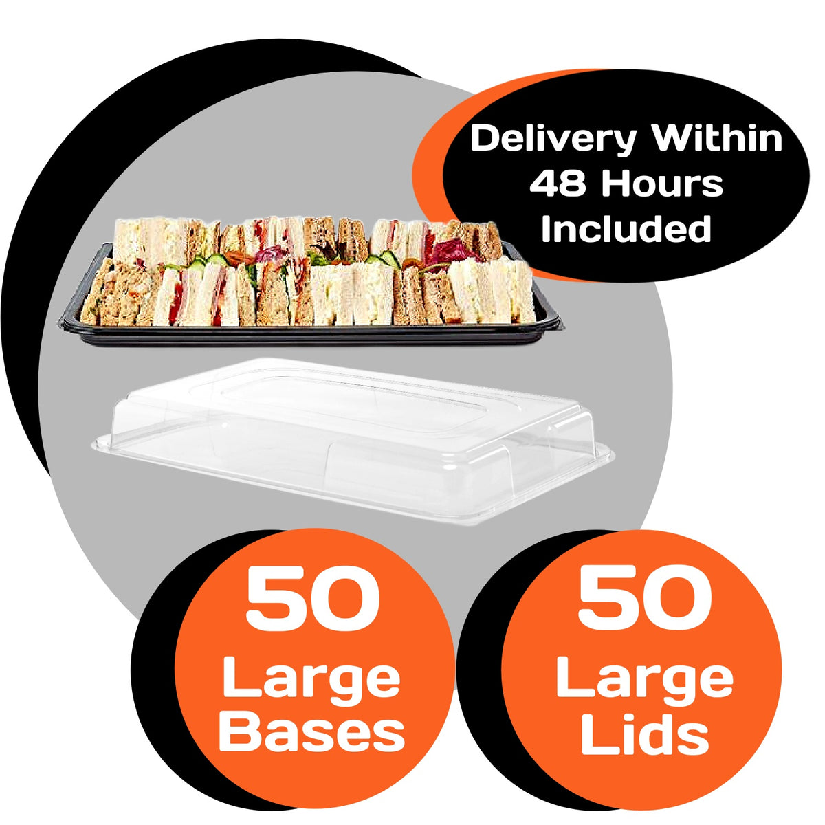 Set of 50 large black sandwich platter trays with matching lids from Platterplus, reusable plastic bumper box for catering.