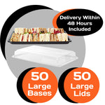 Set of 50 large black sandwich platter trays with matching lids from Platterplus, reusable plastic bumper box for catering.