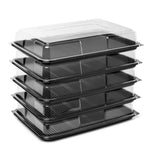Large black sandwich platter trays and lids in a bumper box by Platterplus, made of reusable plastic, rectangular shape.